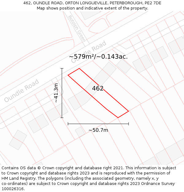 462, OUNDLE ROAD, ORTON LONGUEVILLE, PETERBOROUGH, PE2 7DE: Plot and title map