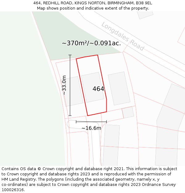 464, REDHILL ROAD, KINGS NORTON, BIRMINGHAM, B38 9EL: Plot and title map