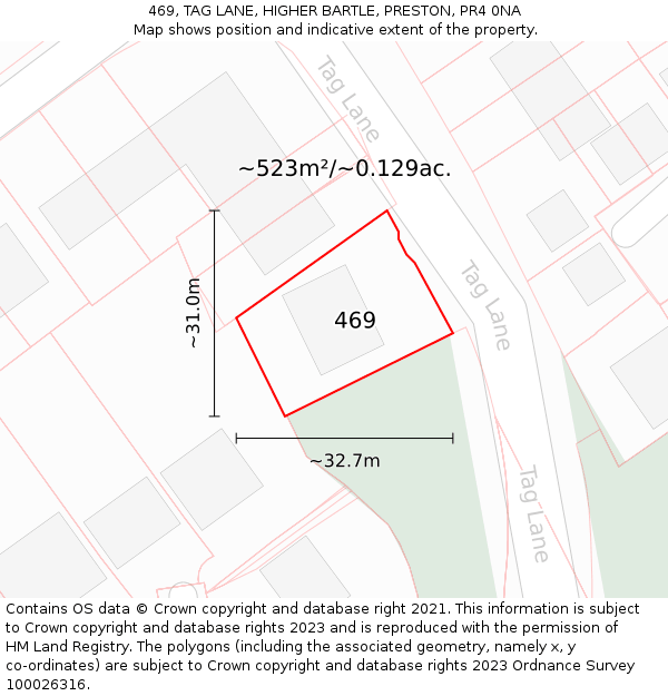 469, TAG LANE, HIGHER BARTLE, PRESTON, PR4 0NA: Plot and title map