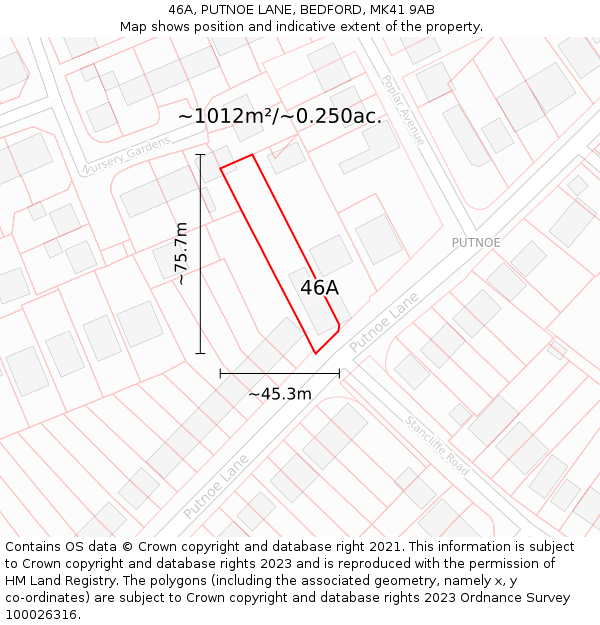 46A, PUTNOE LANE, BEDFORD, MK41 9AB: Plot and title map