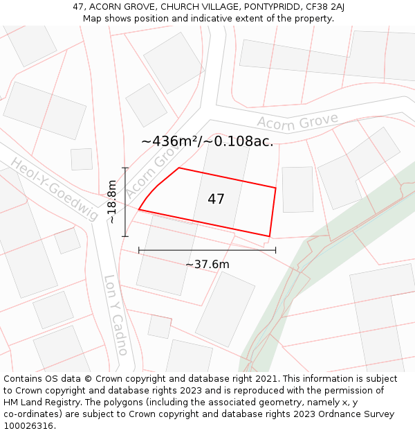47, ACORN GROVE, CHURCH VILLAGE, PONTYPRIDD, CF38 2AJ: Plot and title map