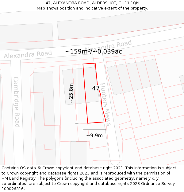 47, ALEXANDRA ROAD, ALDERSHOT, GU11 1QN: Plot and title map