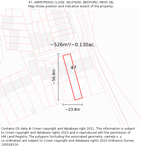 47, ARMSTRONG CLOSE, WILSTEAD, BEDFORD, MK45 3EJ: Plot and title map