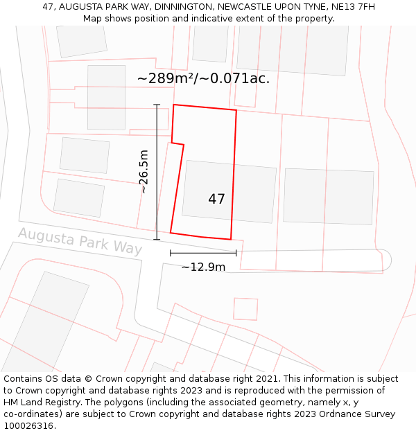 47, AUGUSTA PARK WAY, DINNINGTON, NEWCASTLE UPON TYNE, NE13 7FH: Plot and title map