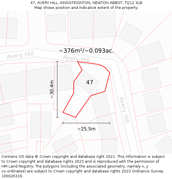 47, AVERY HILL, KINGSTEIGNTON, NEWTON ABBOT, TQ12 3LB: Plot and title map