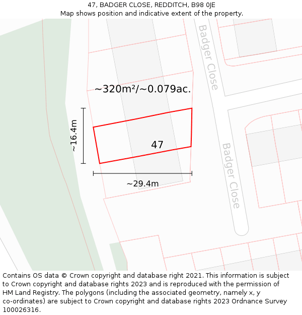 47, BADGER CLOSE, REDDITCH, B98 0JE: Plot and title map