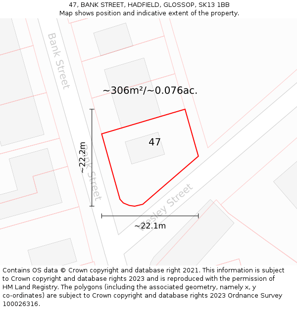 47, BANK STREET, HADFIELD, GLOSSOP, SK13 1BB: Plot and title map
