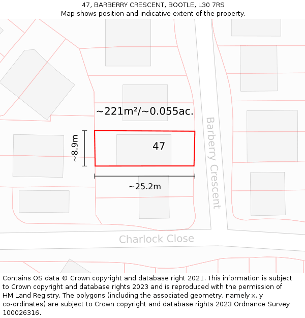 47, BARBERRY CRESCENT, BOOTLE, L30 7RS: Plot and title map