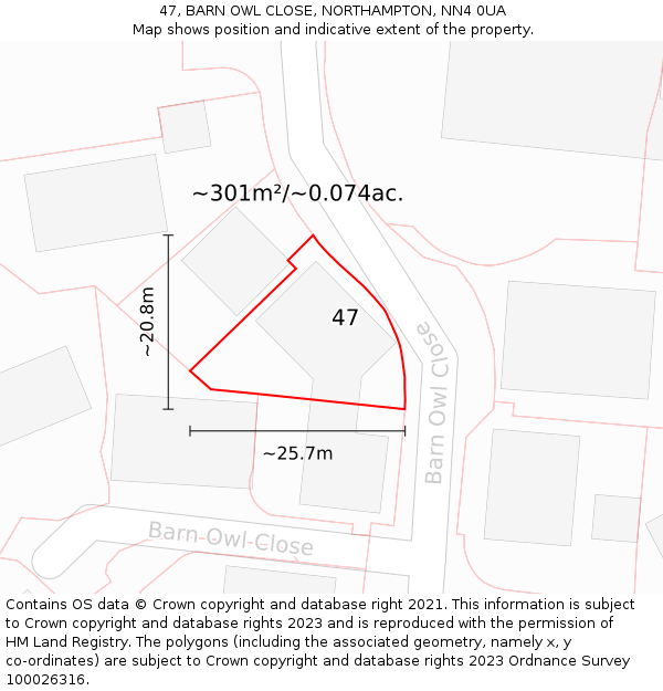 47, BARN OWL CLOSE, NORTHAMPTON, NN4 0UA: Plot and title map