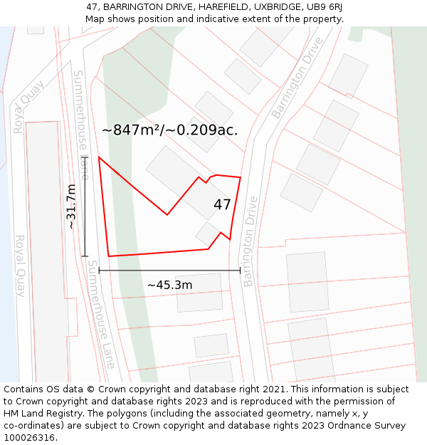 47, BARRINGTON DRIVE, HAREFIELD, UXBRIDGE, UB9 6RJ: Plot and title map
