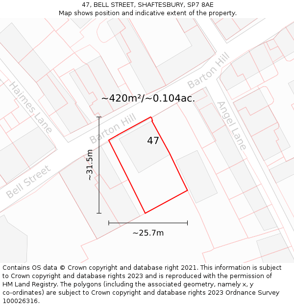 47, BELL STREET, SHAFTESBURY, SP7 8AE: Plot and title map