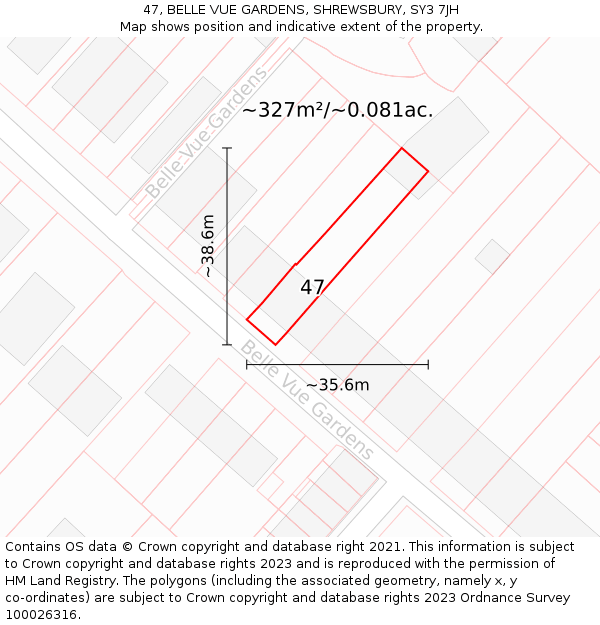47, BELLE VUE GARDENS, SHREWSBURY, SY3 7JH: Plot and title map