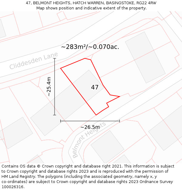 47, BELMONT HEIGHTS, HATCH WARREN, BASINGSTOKE, RG22 4RW: Plot and title map
