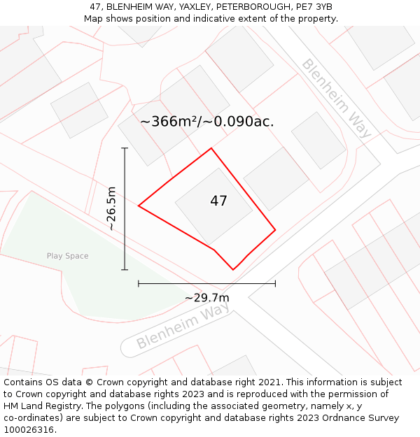 47, BLENHEIM WAY, YAXLEY, PETERBOROUGH, PE7 3YB: Plot and title map