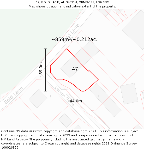 47, BOLD LANE, AUGHTON, ORMSKIRK, L39 6SG: Plot and title map