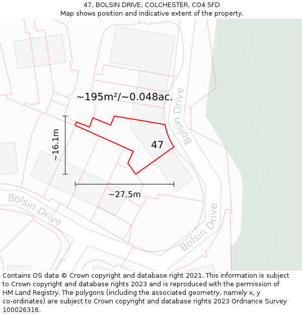 47, BOLSIN DRIVE, COLCHESTER, CO4 5FD: Plot and title map