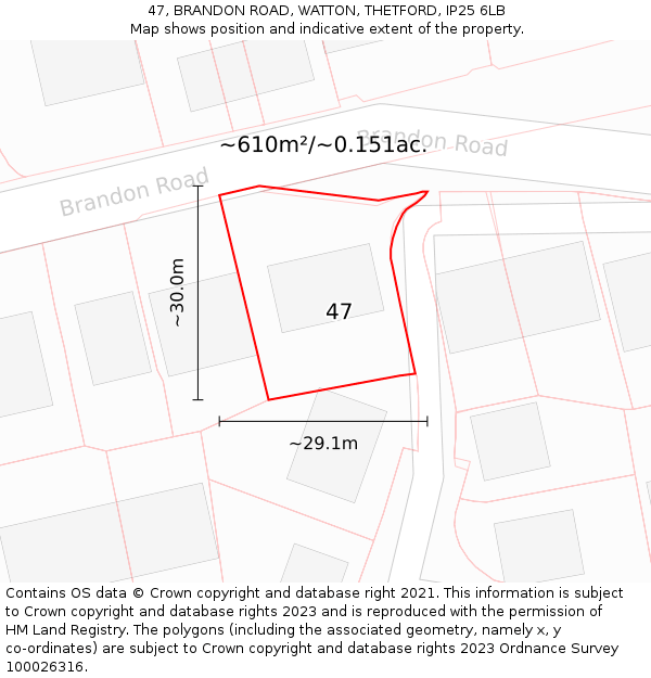 47, BRANDON ROAD, WATTON, THETFORD, IP25 6LB: Plot and title map