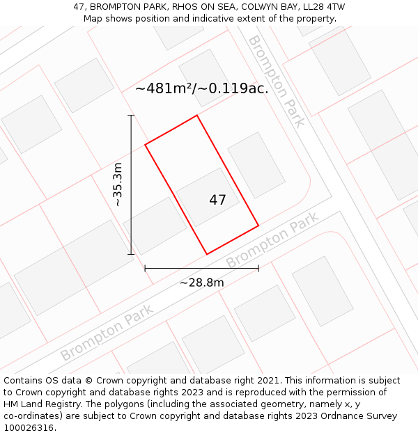 47, BROMPTON PARK, RHOS ON SEA, COLWYN BAY, LL28 4TW: Plot and title map