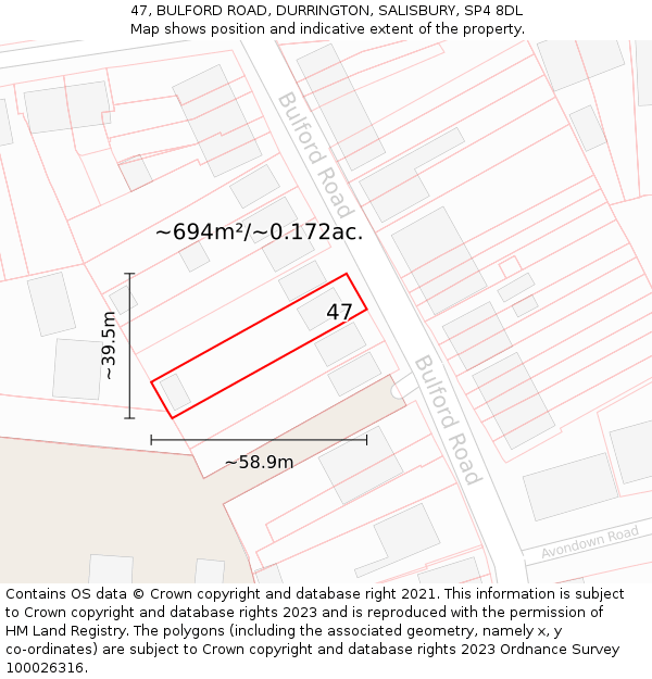 47, BULFORD ROAD, DURRINGTON, SALISBURY, SP4 8DL: Plot and title map