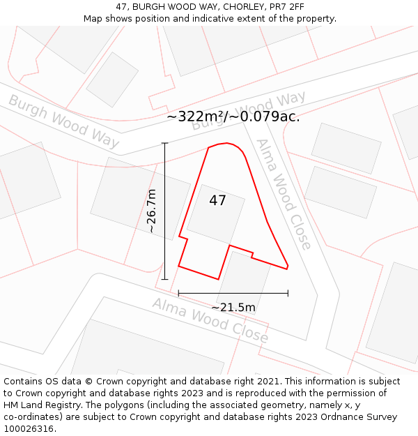 47, BURGH WOOD WAY, CHORLEY, PR7 2FF: Plot and title map