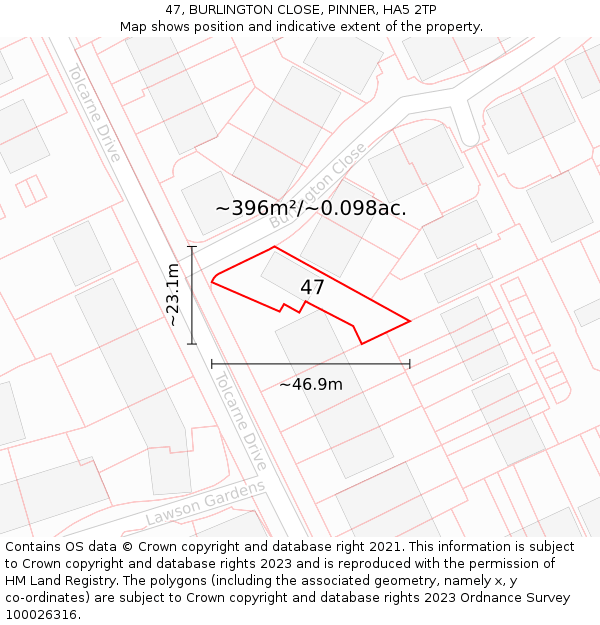 47, BURLINGTON CLOSE, PINNER, HA5 2TP: Plot and title map