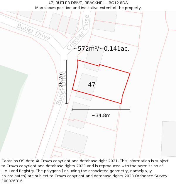 47, BUTLER DRIVE, BRACKNELL, RG12 8DA: Plot and title map