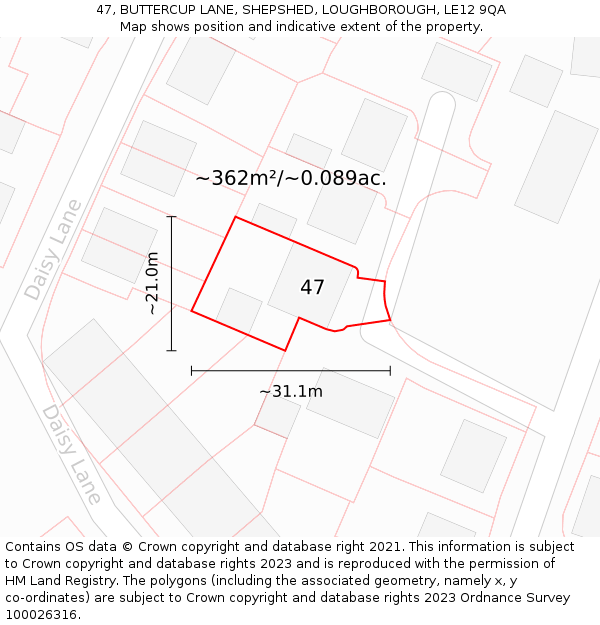 47, BUTTERCUP LANE, SHEPSHED, LOUGHBOROUGH, LE12 9QA: Plot and title map