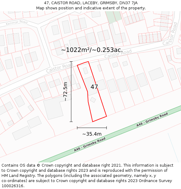 47, CAISTOR ROAD, LACEBY, GRIMSBY, DN37 7JA: Plot and title map