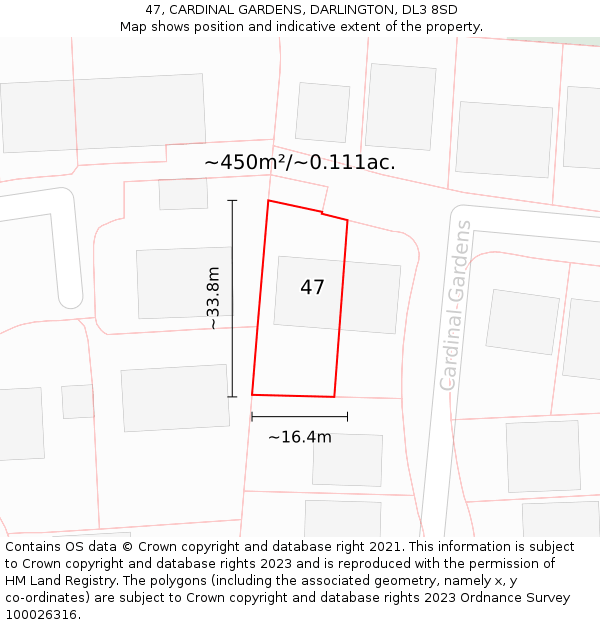 47, CARDINAL GARDENS, DARLINGTON, DL3 8SD: Plot and title map