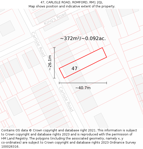 47, CARLISLE ROAD, ROMFORD, RM1 2QL: Plot and title map