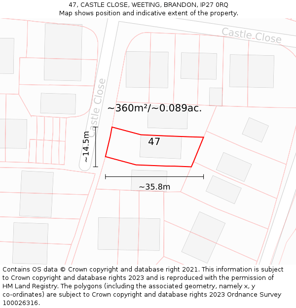 47, CASTLE CLOSE, WEETING, BRANDON, IP27 0RQ: Plot and title map