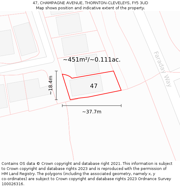 47, CHAMPAGNE AVENUE, THORNTON-CLEVELEYS, FY5 3UD: Plot and title map