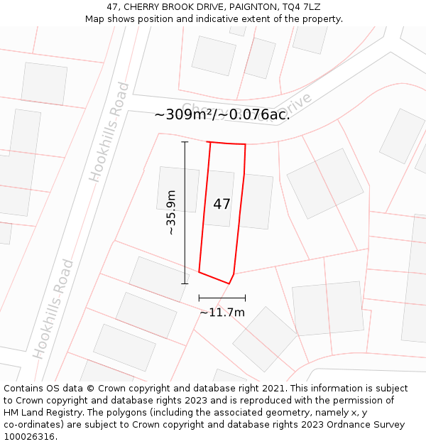 47, CHERRY BROOK DRIVE, PAIGNTON, TQ4 7LZ: Plot and title map