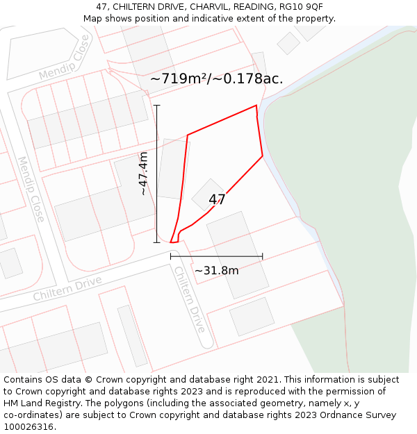 47, CHILTERN DRIVE, CHARVIL, READING, RG10 9QF: Plot and title map
