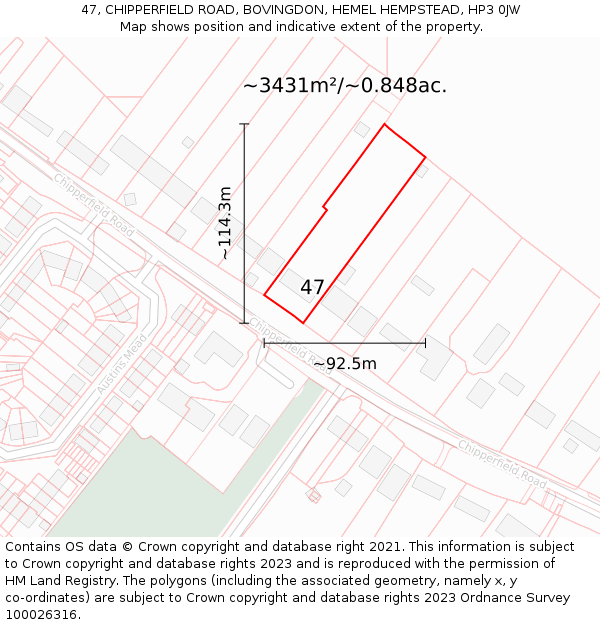 47, CHIPPERFIELD ROAD, BOVINGDON, HEMEL HEMPSTEAD, HP3 0JW: Plot and title map