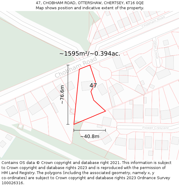 47, CHOBHAM ROAD, OTTERSHAW, CHERTSEY, KT16 0QE: Plot and title map