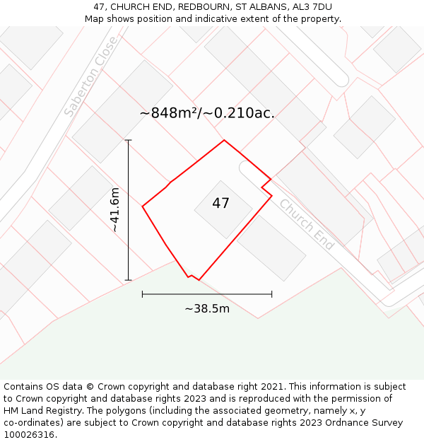 47, CHURCH END, REDBOURN, ST ALBANS, AL3 7DU: Plot and title map