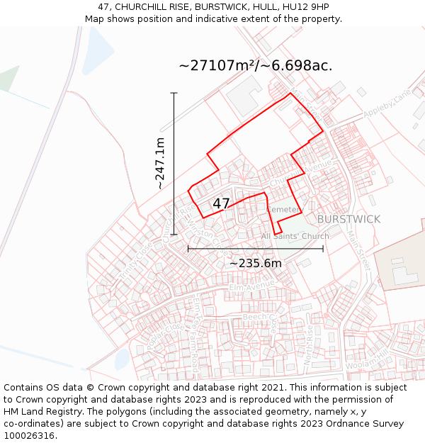 47, CHURCHILL RISE, BURSTWICK, HULL, HU12 9HP: Plot and title map