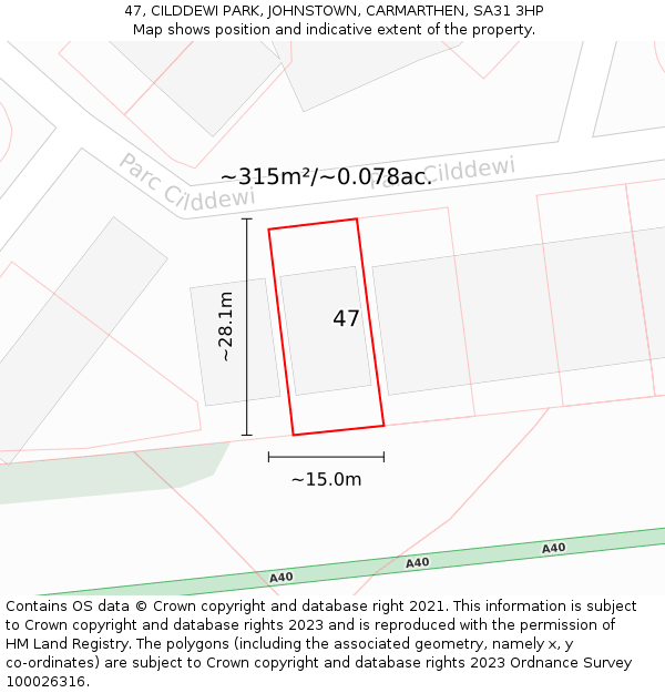 47, CILDDEWI PARK, JOHNSTOWN, CARMARTHEN, SA31 3HP: Plot and title map