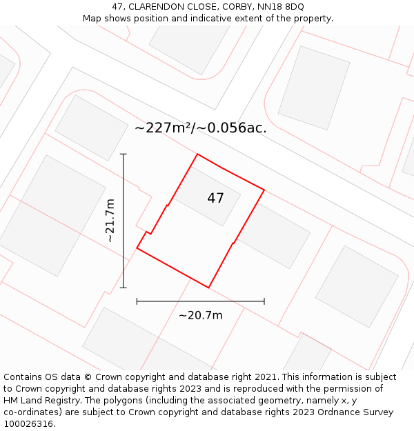 47, CLARENDON CLOSE, CORBY, NN18 8DQ: Plot and title map