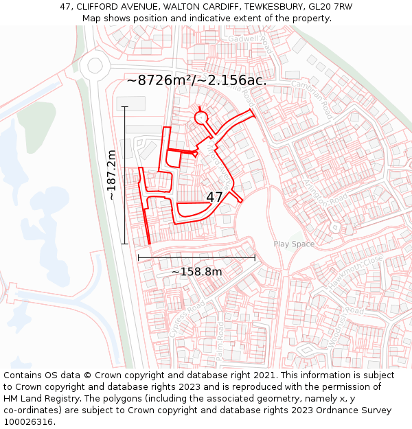47, CLIFFORD AVENUE, WALTON CARDIFF, TEWKESBURY, GL20 7RW: Plot and title map