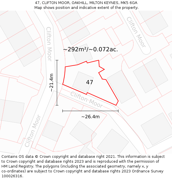 47, CLIFTON MOOR, OAKHILL, MILTON KEYNES, MK5 6GA: Plot and title map