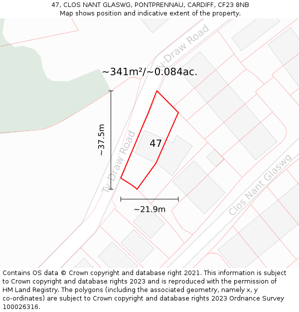 47, CLOS NANT GLASWG, PONTPRENNAU, CARDIFF, CF23 8NB: Plot and title map