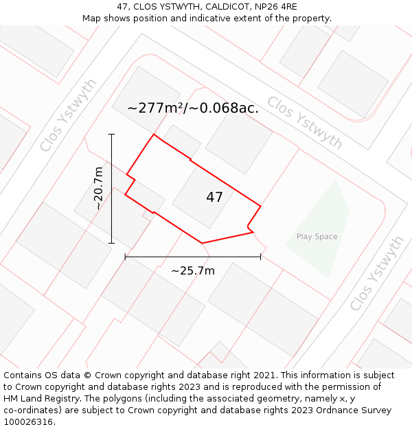47, CLOS YSTWYTH, CALDICOT, NP26 4RE: Plot and title map