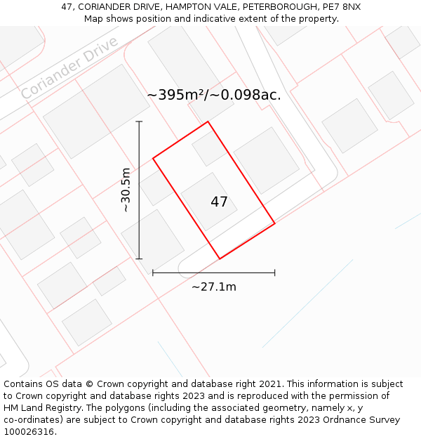 47, CORIANDER DRIVE, HAMPTON VALE, PETERBOROUGH, PE7 8NX: Plot and title map