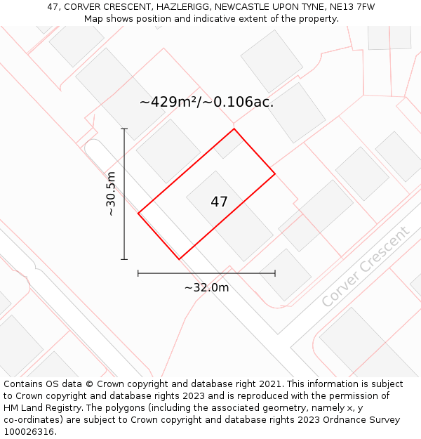 47, CORVER CRESCENT, HAZLERIGG, NEWCASTLE UPON TYNE, NE13 7FW: Plot and title map