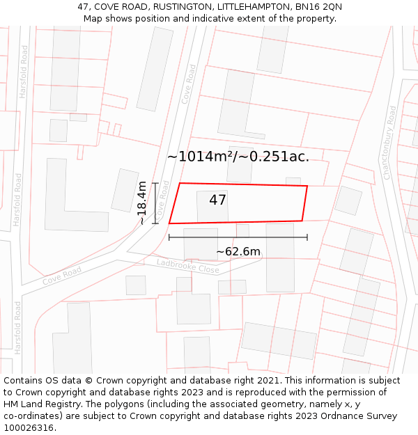 47, COVE ROAD, RUSTINGTON, LITTLEHAMPTON, BN16 2QN: Plot and title map