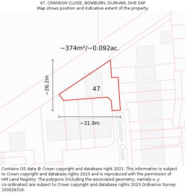 47, CRANSON CLOSE, BOWBURN, DURHAM, DH6 5AP: Plot and title map