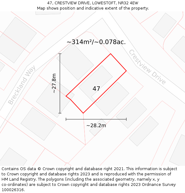 47, CRESTVIEW DRIVE, LOWESTOFT, NR32 4EW: Plot and title map