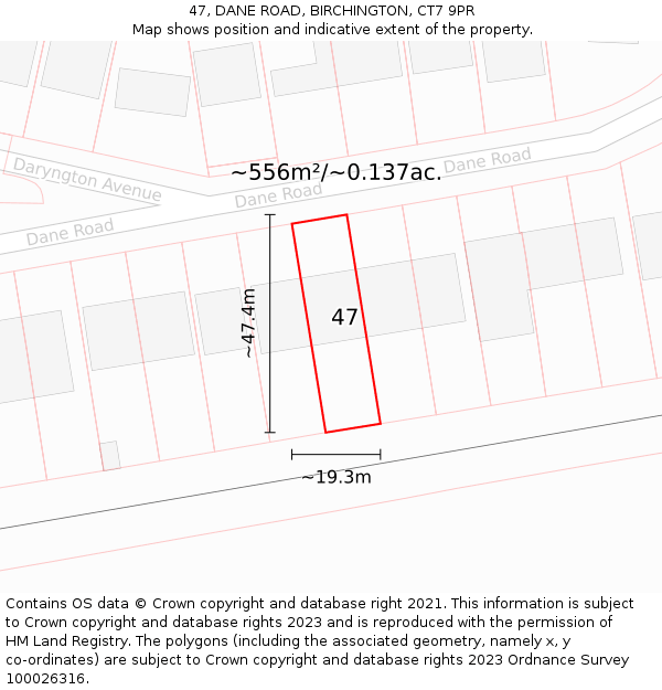 47, DANE ROAD, BIRCHINGTON, CT7 9PR: Plot and title map